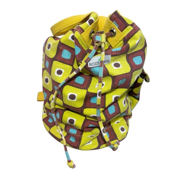 Ecototes Canvas Drawstring Bucket Backpack Geometric Print Yellow Brown - Picture 9 of 14